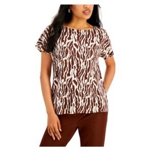 110- Alfani NWT Brown & White Zebra Print Short Sleeve Top, Size Large